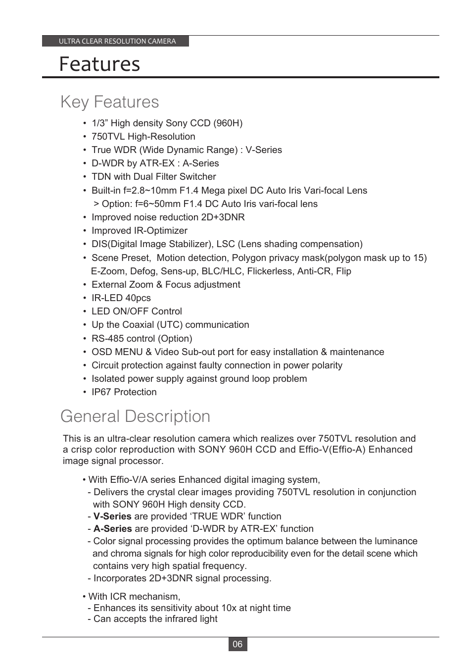 Features, Key features general description | Eneo VKC-13140F2810IR User Manual | Page 6 / 36