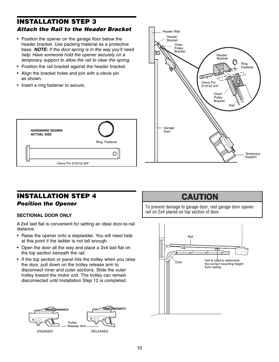 Attach the rail to the header bracket, Position the opener, Installation step 3 | Installation step 4 | Chamberlain 3595S User Manual | Page 10 / 36