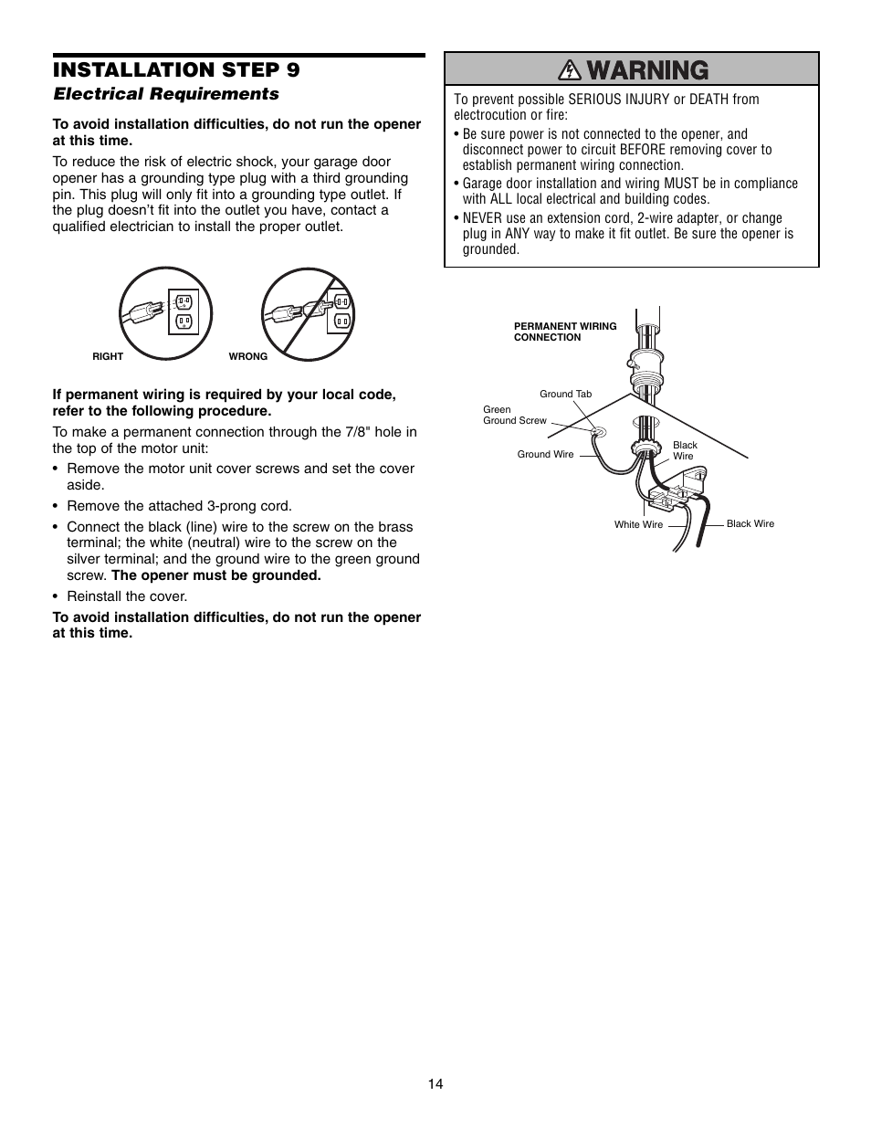 Electrical requirements, Installation step 9 | Chamberlain 3595S User Manual | Page 14 / 36