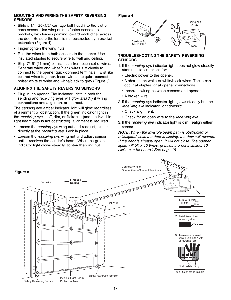 Mounting and wiring the safety reversing sensors, Aligning the safety reversing sensors, Troubleshooting the safety reversingsensors | Chamberlain 3595S User Manual | Page 17 / 36