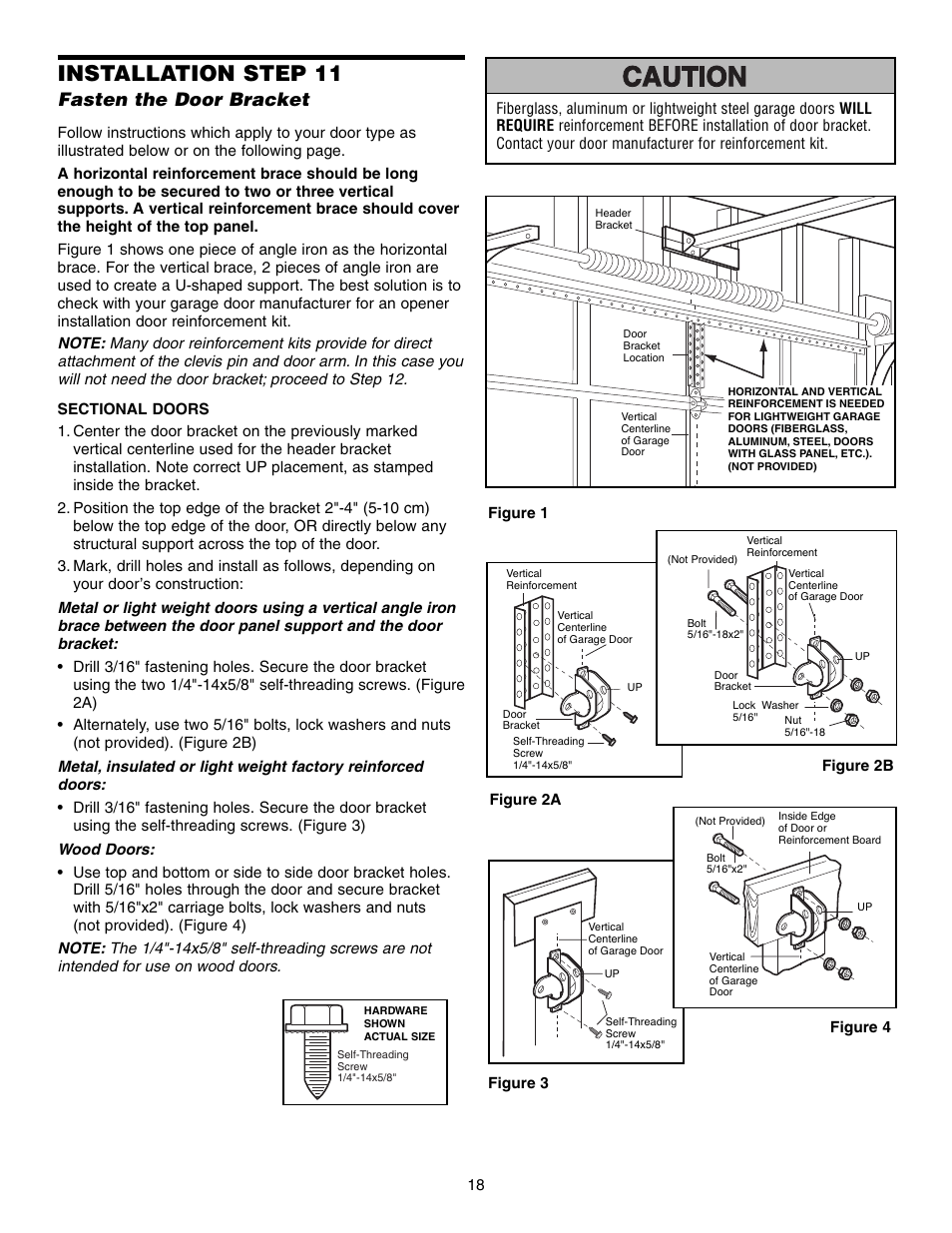 Fasten the door bracket, Installation step 11 | Chamberlain 3595S User Manual | Page 18 / 36