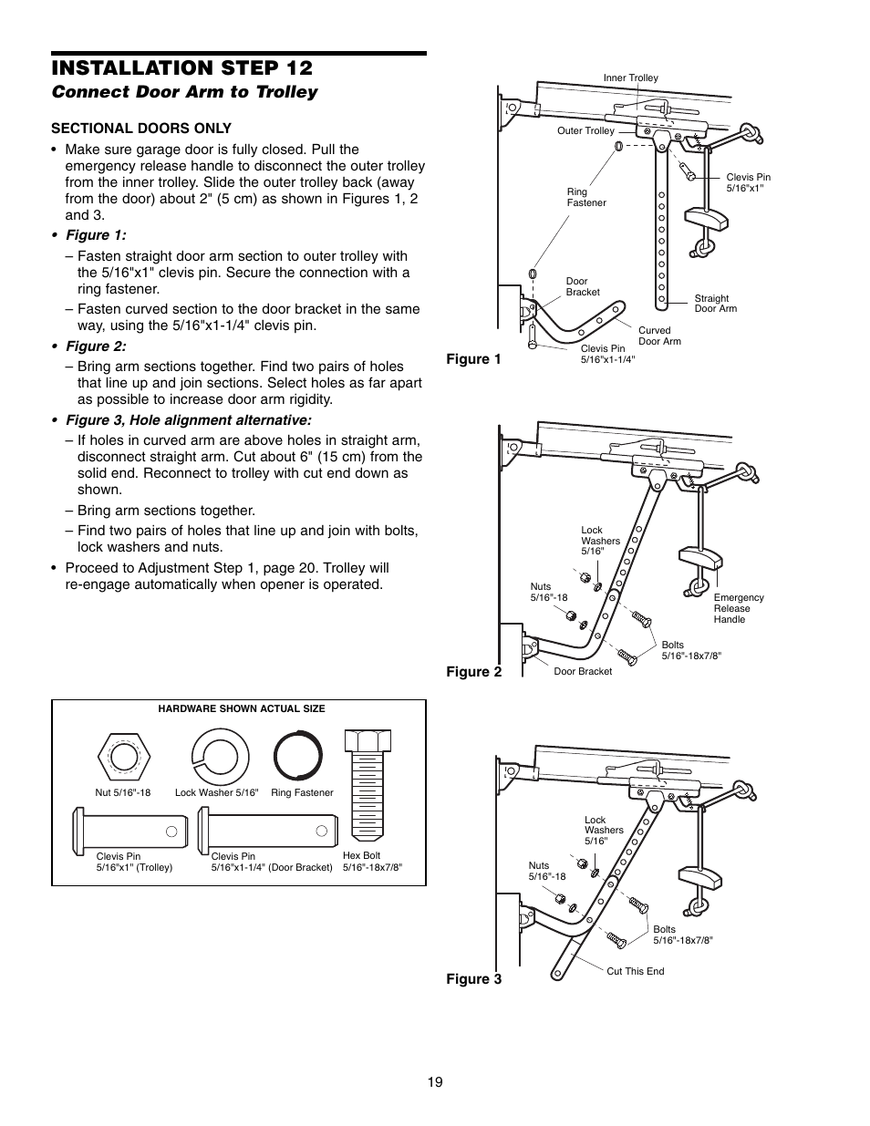 Connect door arm to trolley, Installation step 12 | Chamberlain 3595S User Manual | Page 19 / 36