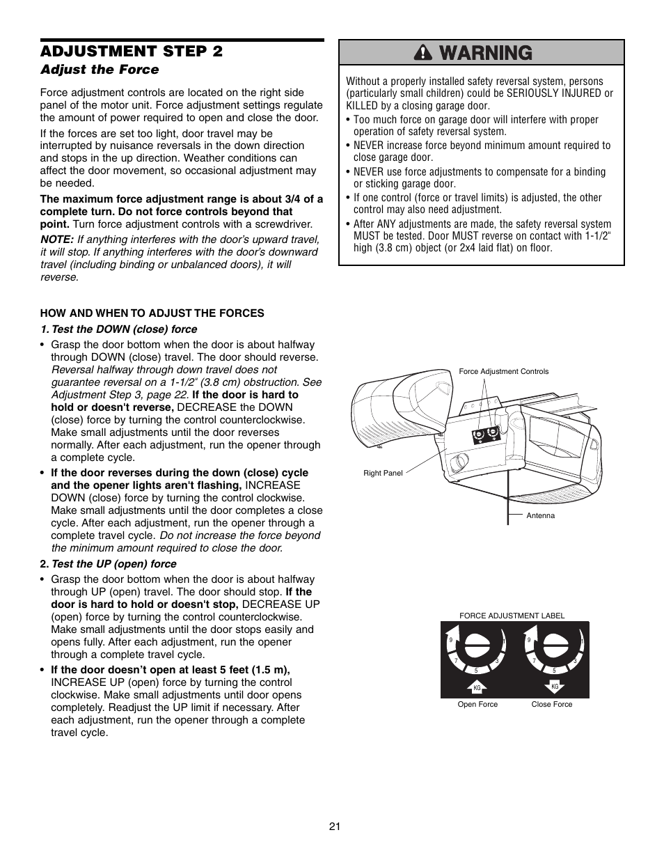 Adjust the force, Adjustment step 2 | Chamberlain 3595S User Manual | Page 21 / 36