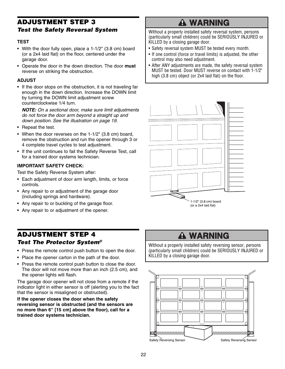 Test the safety reversal system, Test the protector system, Adjustment step 3 | Adjustment step 4 | Chamberlain 3595S User Manual | Page 22 / 36