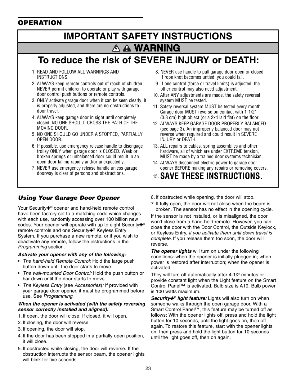 Operation, Using your garage door opener, Save these instructions | Chamberlain 3595S User Manual | Page 23 / 36