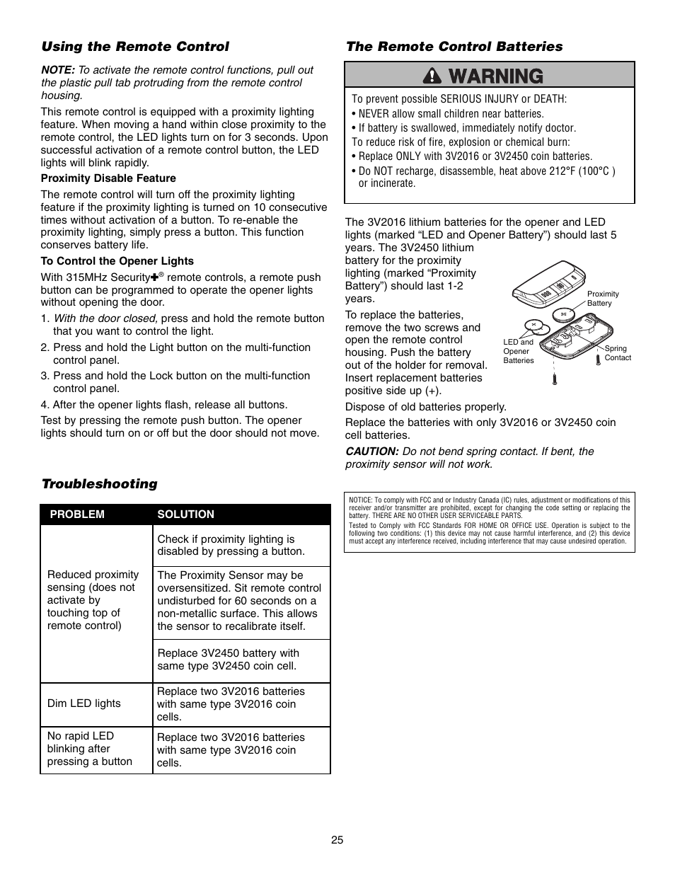 Using the remote control, Troubleshooting, The remote control batteries | Chamberlain 3595S User Manual | Page 25 / 36