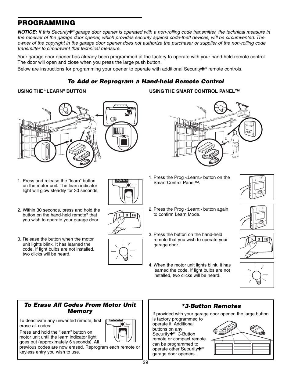 Programming, To add or reprogram a hand-held remote control, To erase all codes from motor unitmemory | Button remotes | Chamberlain 3595S User Manual | Page 29 / 36