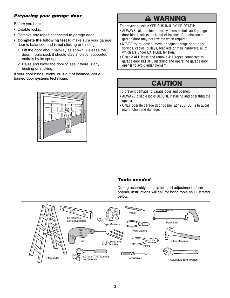 Preparing your garage door, Tools needed | Chamberlain 3595S User Manual | Page 3 / 36