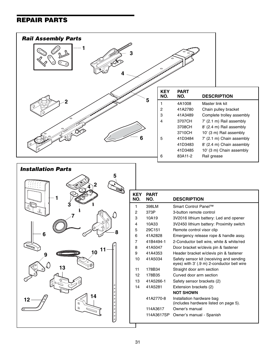 Repair parts, Rail assembly parts, Installation parts | Chamberlain 3595S User Manual | Page 31 / 36