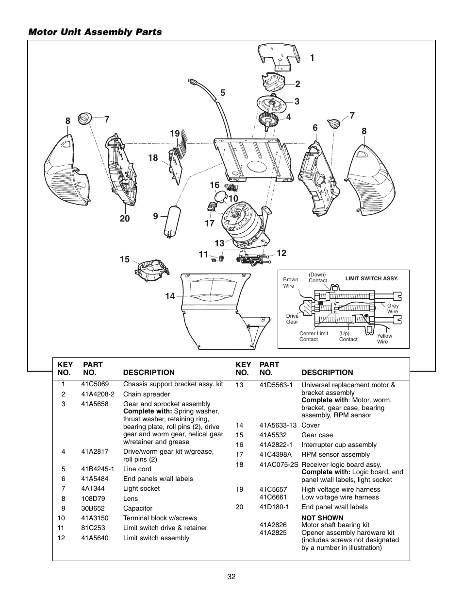 Motor unit assembly parts | Chamberlain 3595S User Manual | Page 32 / 36