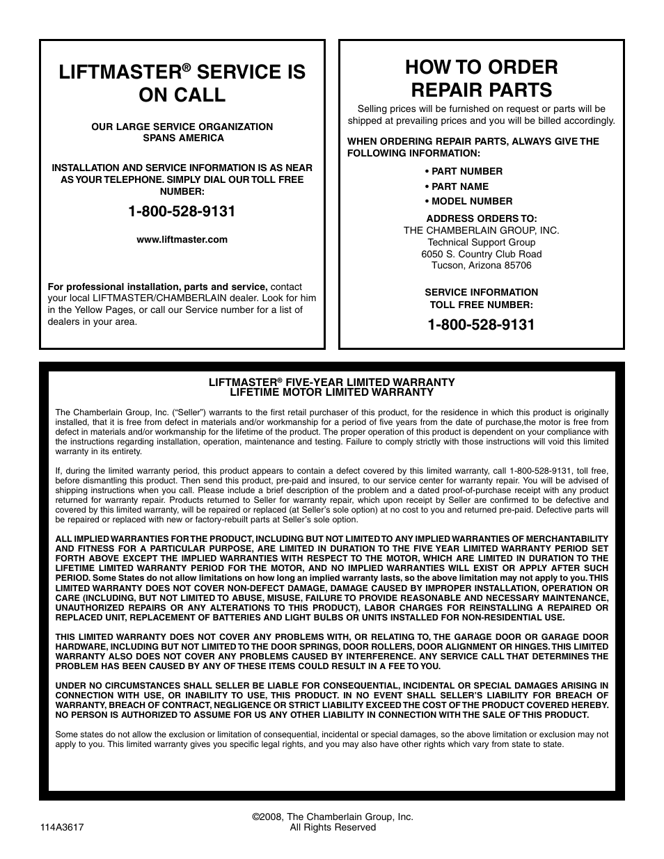 Repair parts, Warranty, Liftmaster | Service is on call, How to order repair parts | Chamberlain 3595S User Manual | Page 36 / 36