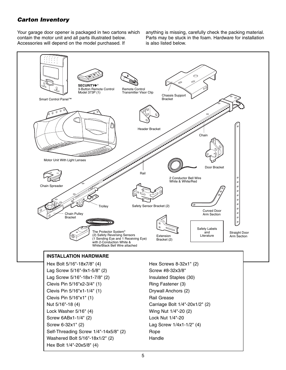 Carton inventory | Chamberlain 3595S User Manual | Page 5 / 36