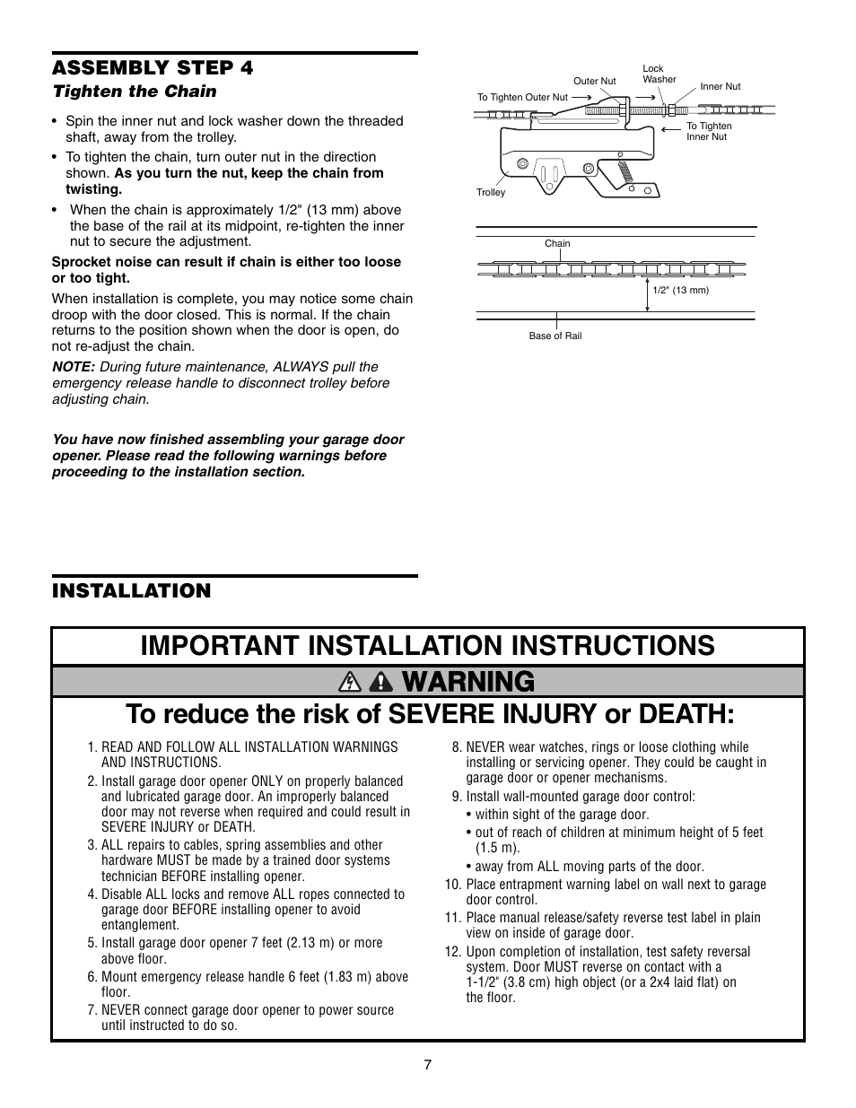 Tighten the chain, Installation, Assembly step 4 | Chamberlain 3595S User Manual | Page 7 / 36