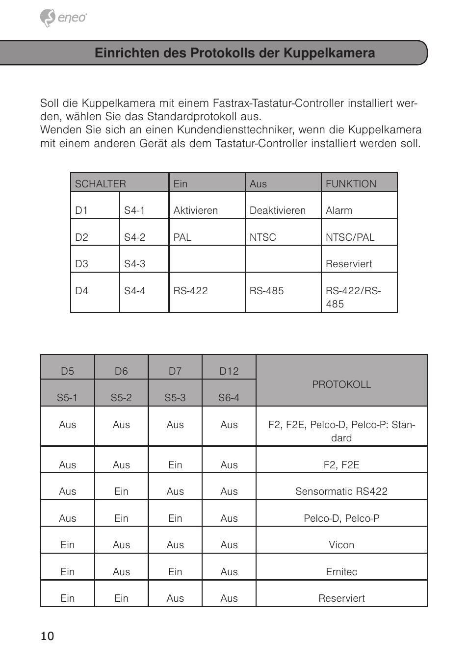 Einrichten des protokolls der kuppelkamera | Eneo EDC-4372 User Manual | Page 10 / 72