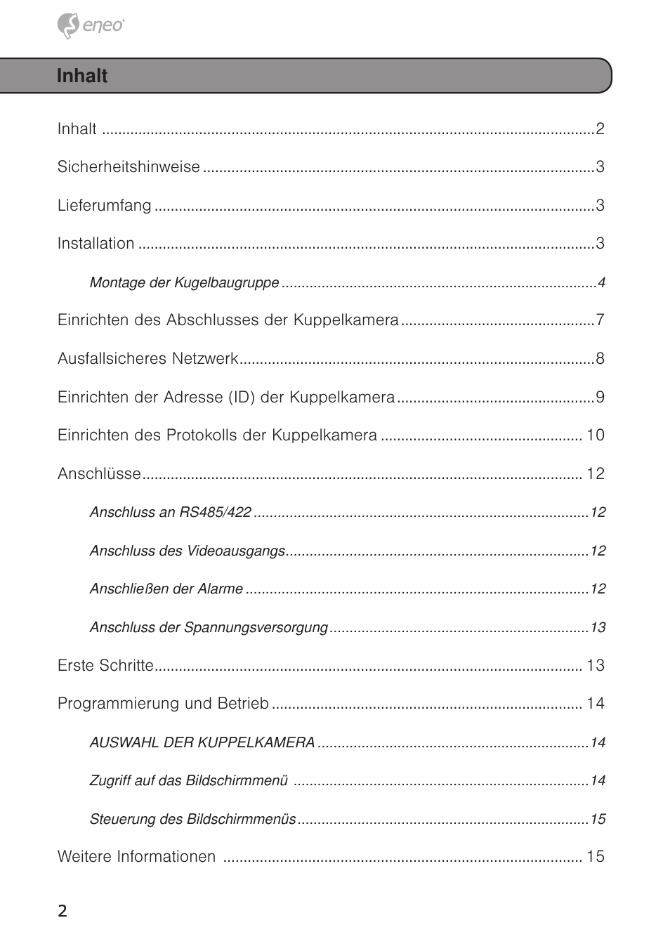 Inhalt | Eneo EDC-4372 User Manual | Page 2 / 72