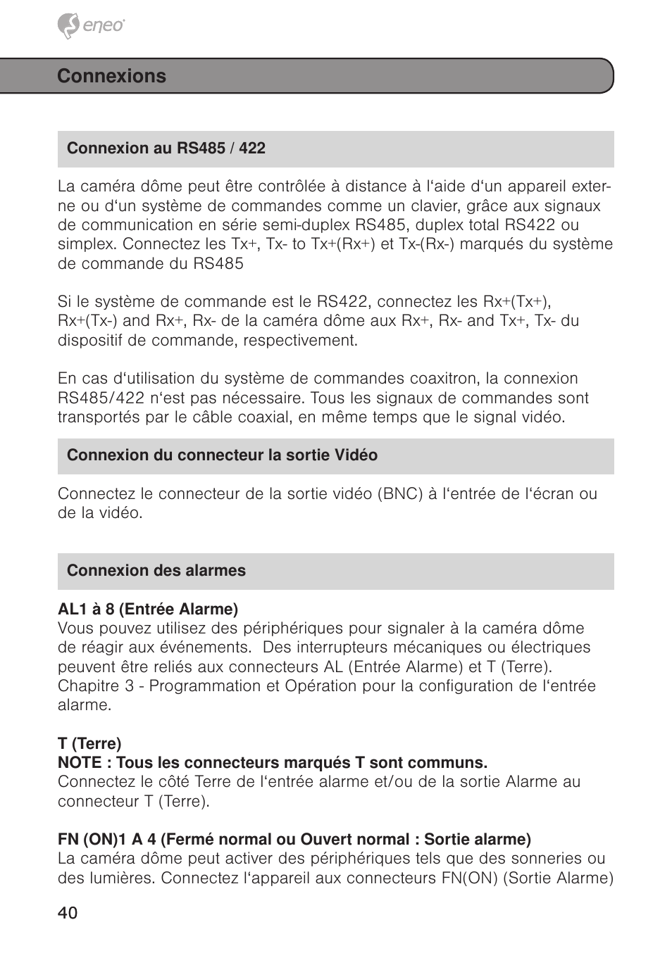 Connexions | Eneo EDC-4372 User Manual | Page 40 / 72