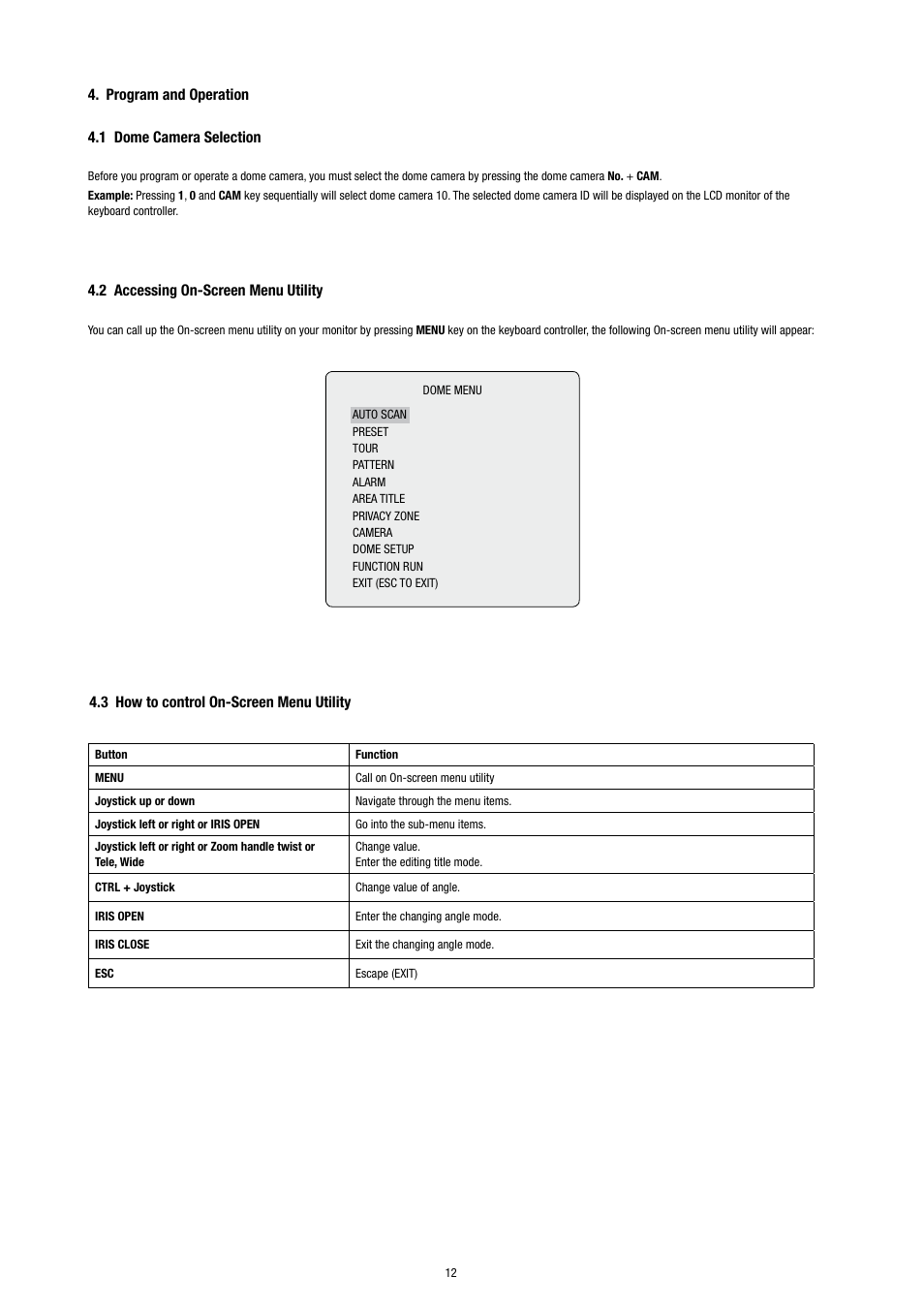 Program and operation 4.1 dome camera selection, 2 accessing on-screen menu utility, 3 how to control on-screen menu utility | Eneo EDC-3371 User Manual | Page 12 / 36