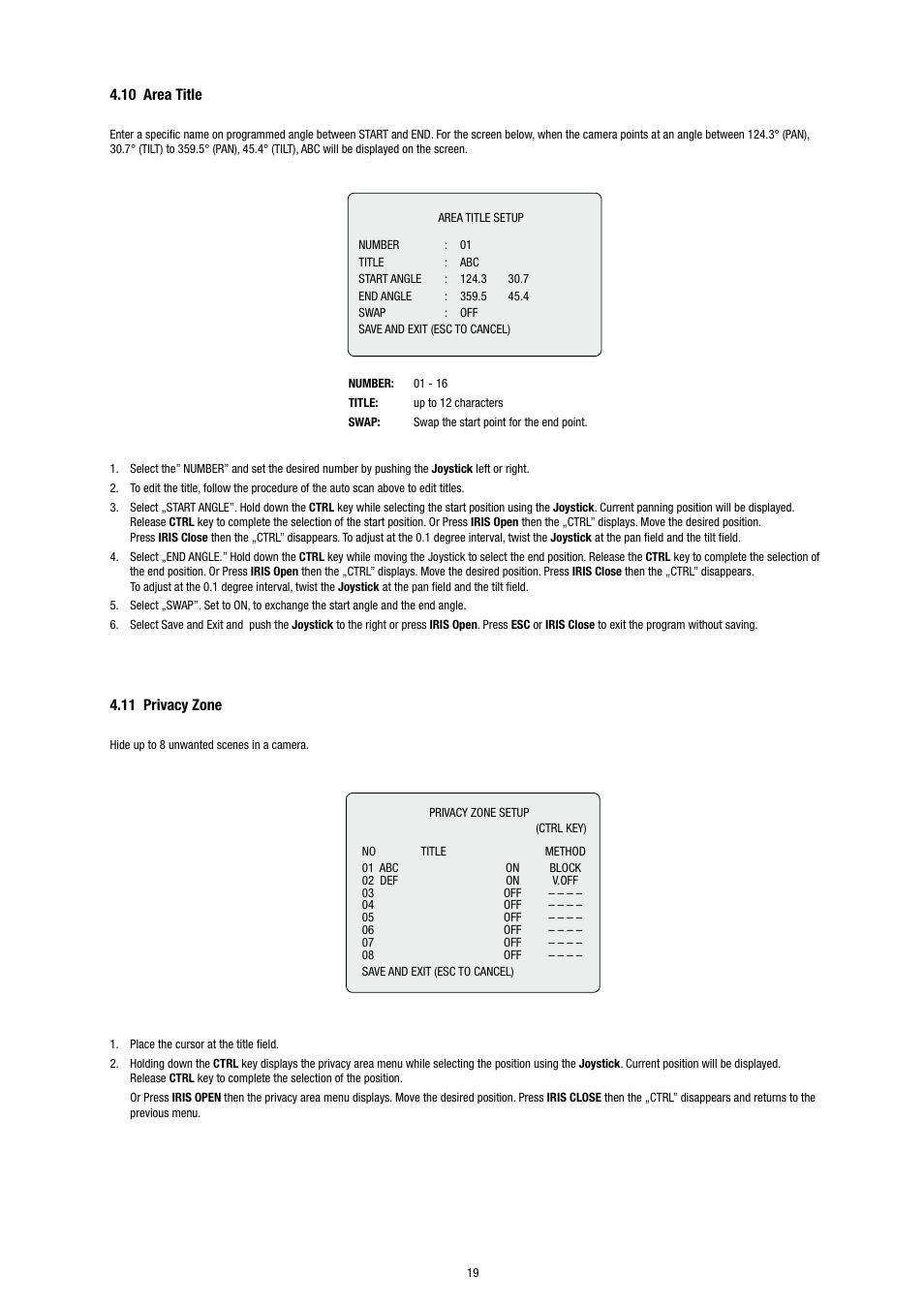 10 area title, 11 privacy zone | Eneo EDC-3371 User Manual | Page 19 / 36