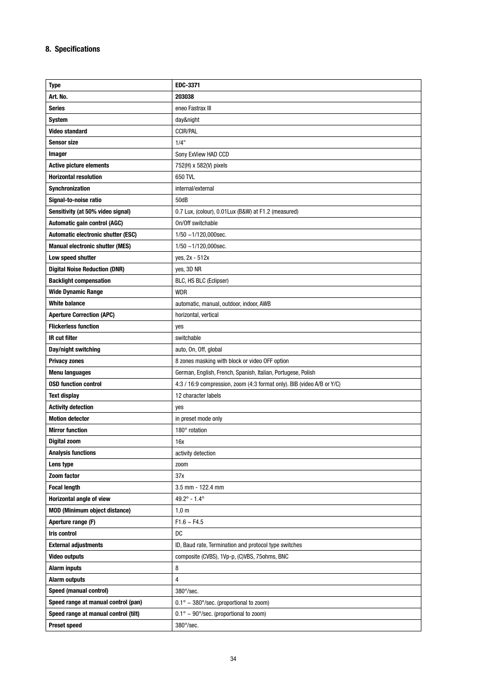Specifications | Eneo EDC-3371 User Manual | Page 34 / 36
