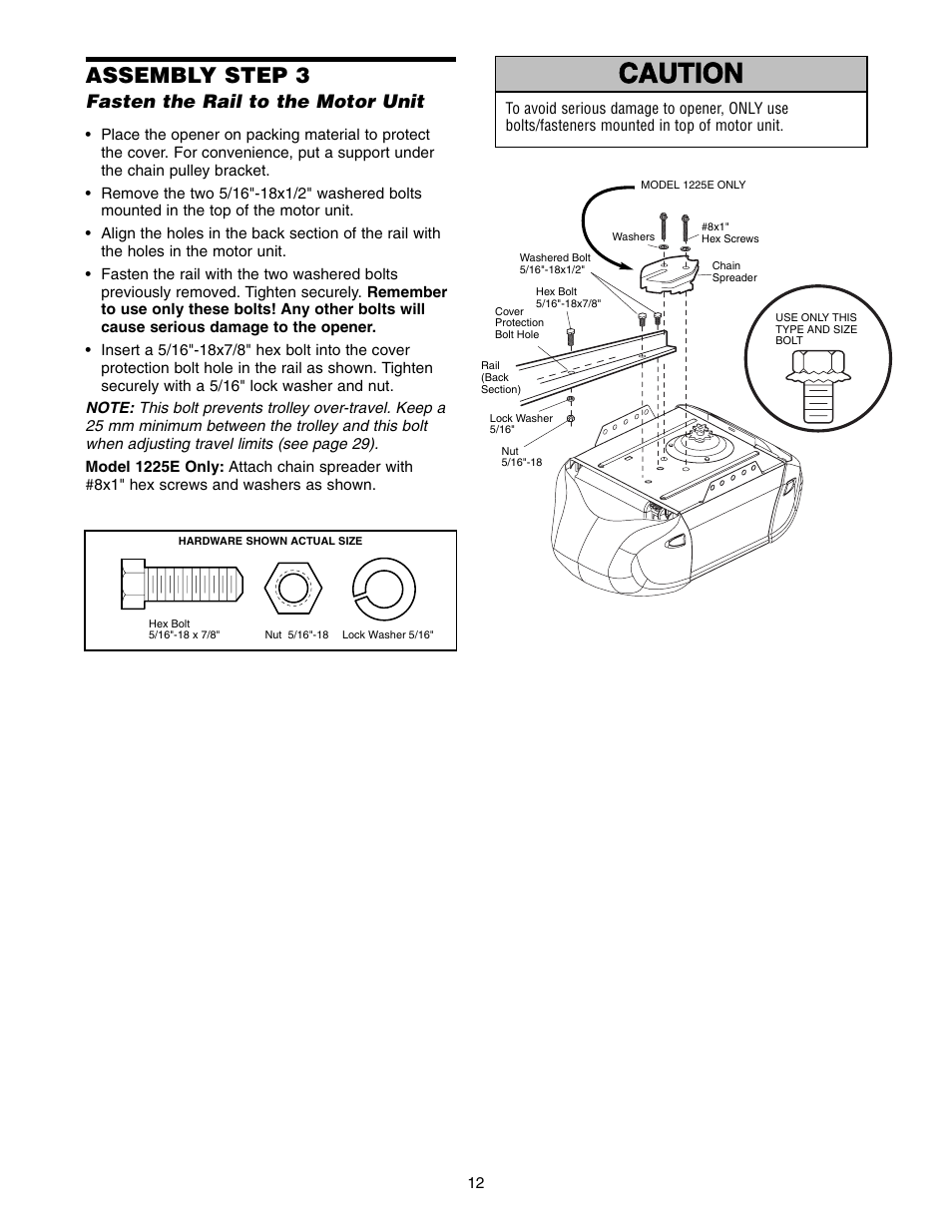 Warning caution warning warning, Assembly step 3, Fasten the rail to the motor unit | Chamberlain 1215E FS2 User Manual | Page 12 / 80