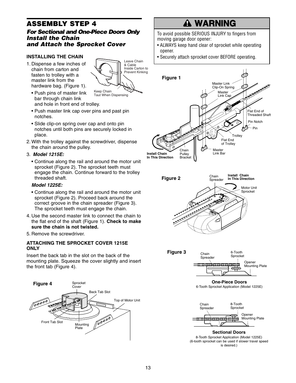 Warning caution warning warning, Assembly step 4 | Chamberlain 1215E FS2 User Manual | Page 13 / 80