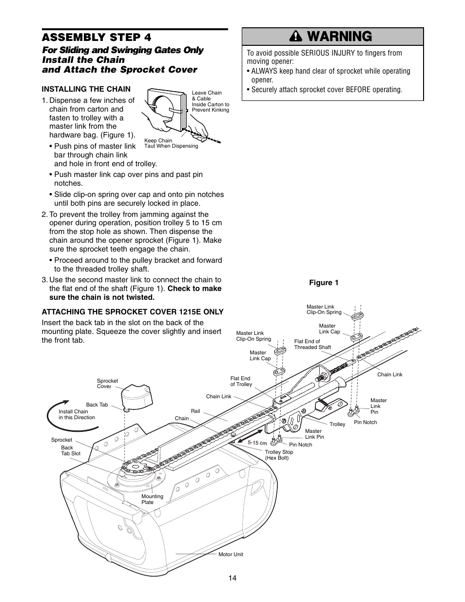 Warning caution warning warning, Assembly step 4 | Chamberlain 1215E FS2 User Manual | Page 14 / 80