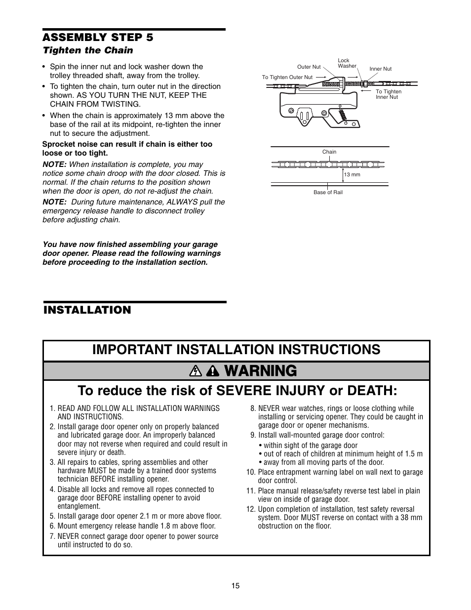 Assembly step 5 tighten the chain, Installation, Warning | Important installation instructions, Assembly step 5 | Chamberlain 1215E FS2 User Manual | Page 15 / 80