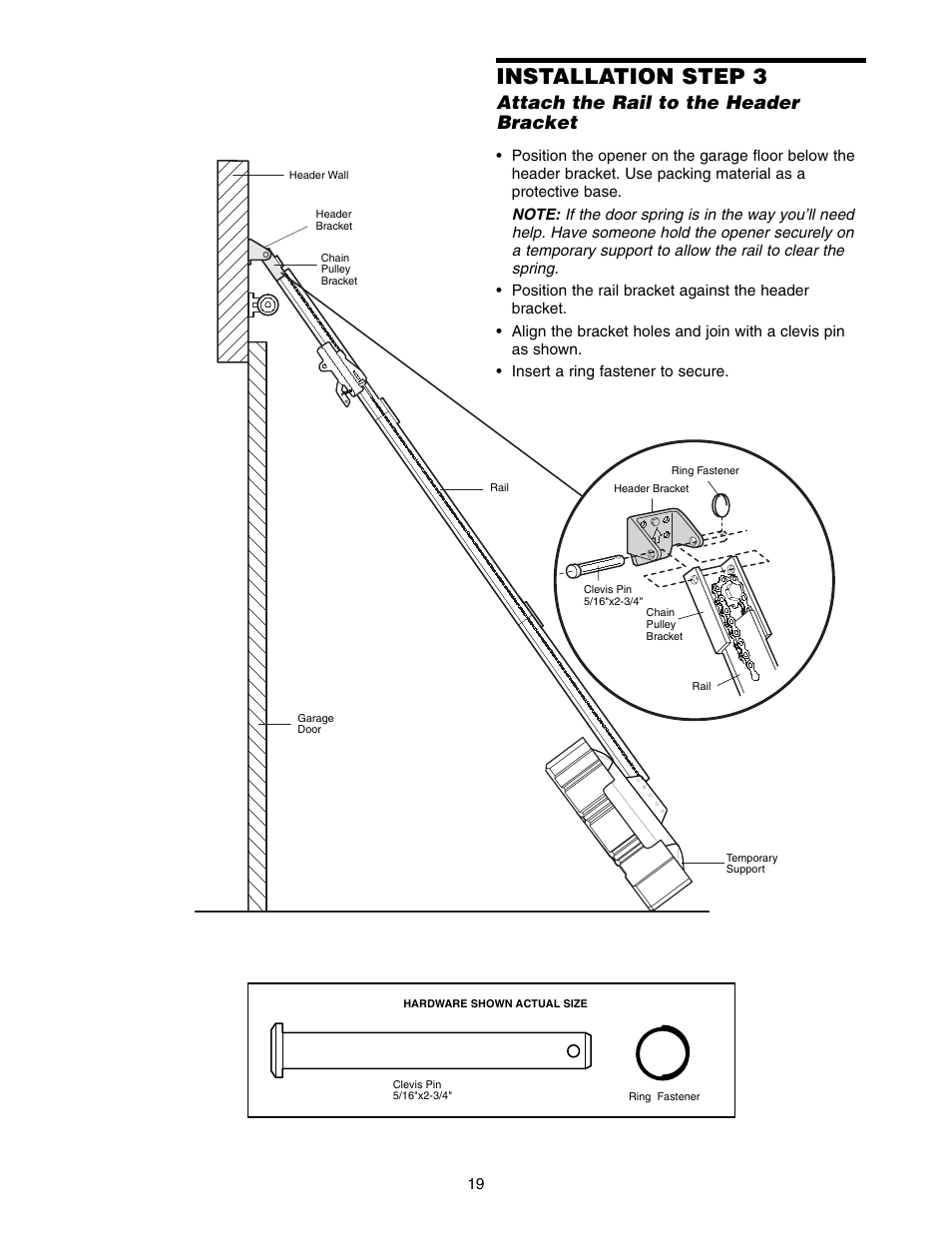 Installation step 3, Attach the rail to the header bracket | Chamberlain 1215E FS2 User Manual | Page 19 / 80