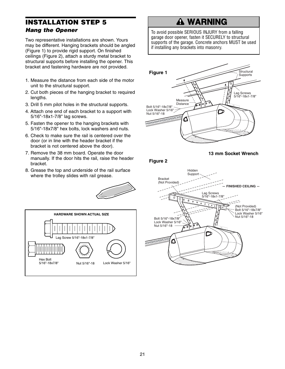 Installation step 5 hang the opener warning, Warning caution warning warning, Installation step 5 | Chamberlain 1215E FS2 User Manual | Page 21 / 80