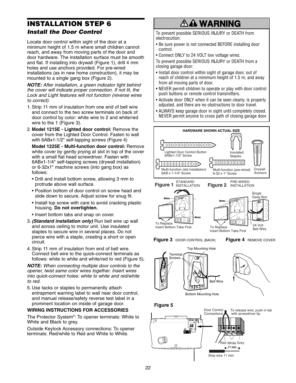 Warning caution warning warning, Installation step 6, Install the door control | Chamberlain 1215E FS2 User Manual | Page 22 / 80