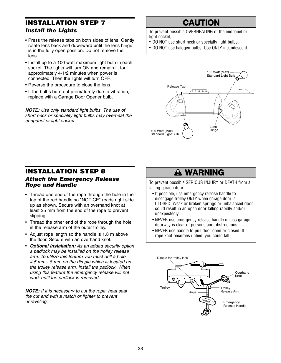 Installation step 7 install the lights, Warning caution warning warning, Installation step 7 | Installation step 8 | Chamberlain 1215E FS2 User Manual | Page 23 / 80