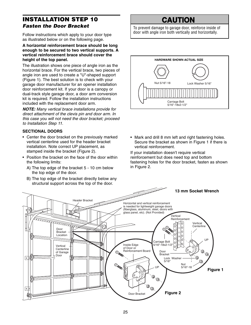 Warning caution warning warning, Installation step 10, Fasten the door bracket | Chamberlain 1215E FS2 User Manual | Page 25 / 80