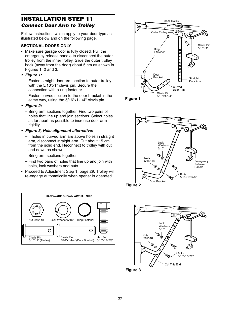 Installation step 11, Connect door arm to trolley | Chamberlain 1215E FS2 User Manual | Page 27 / 80