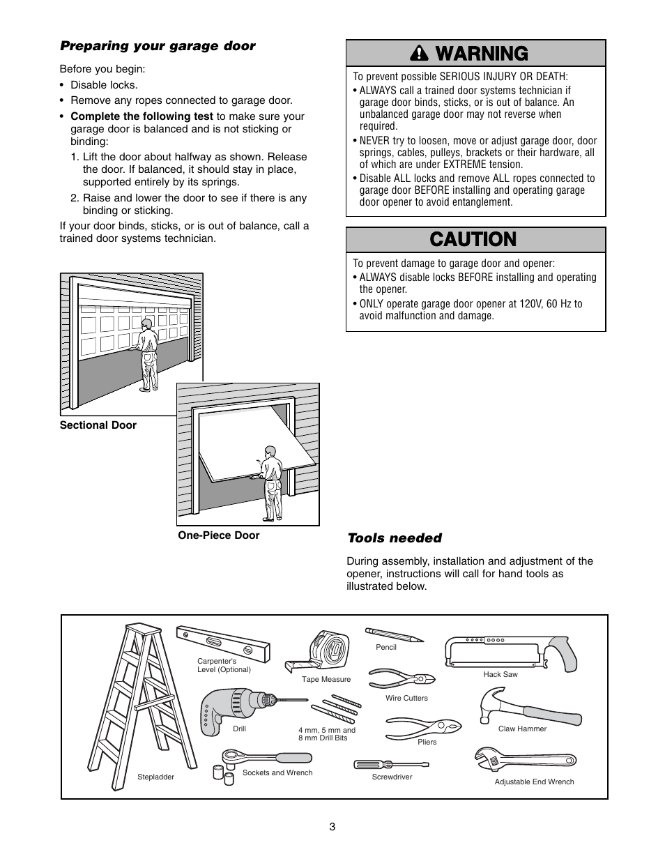 Preparing your garage door, Tools needed | Chamberlain 1215E FS2 User Manual | Page 3 / 80