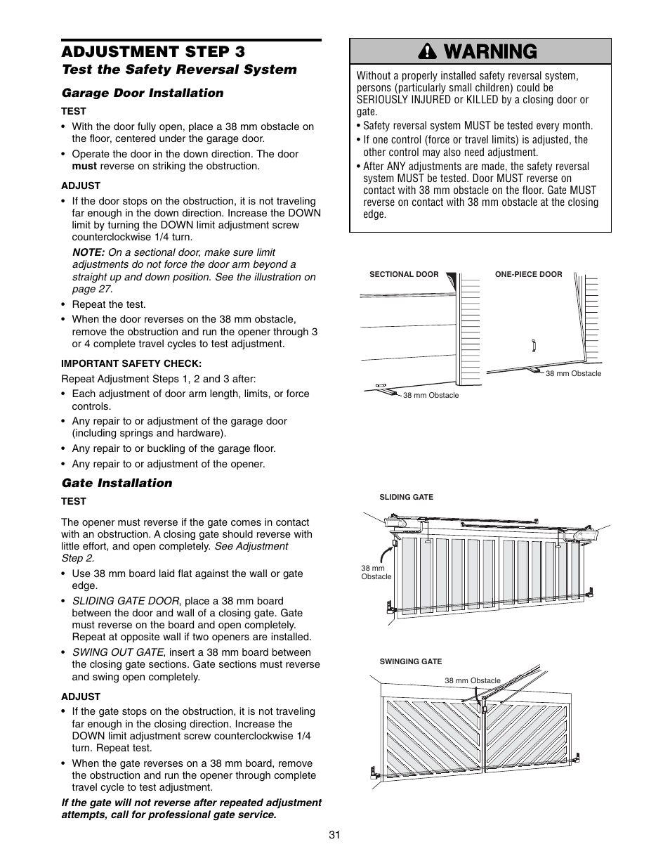 Gate installation, Warning caution warning warning, Adjustment step 3 | Chamberlain 1215E FS2 User Manual | Page 31 / 80