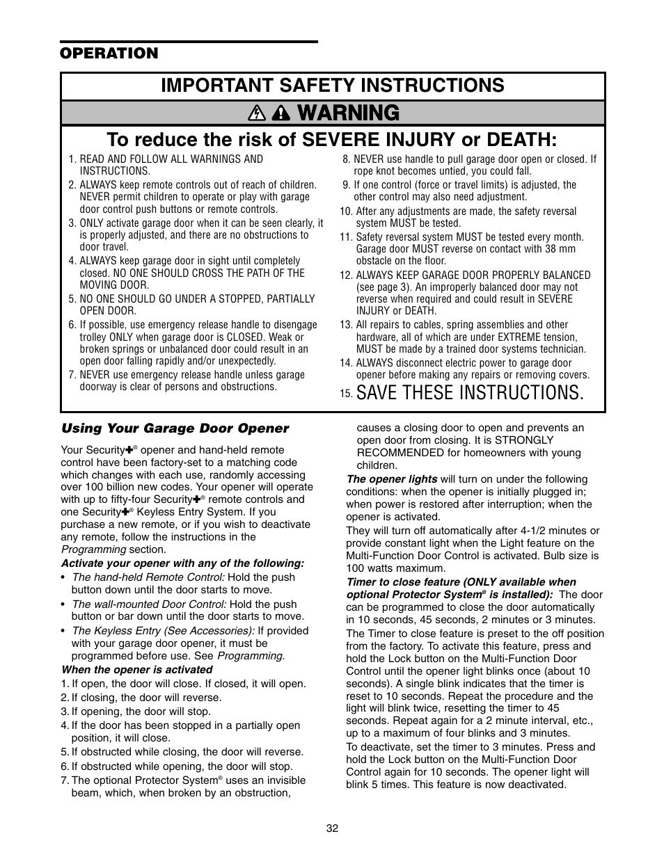 Operation, Using your garage door opener, Warning | Important safety instructions | Chamberlain 1215E FS2 User Manual | Page 32 / 80