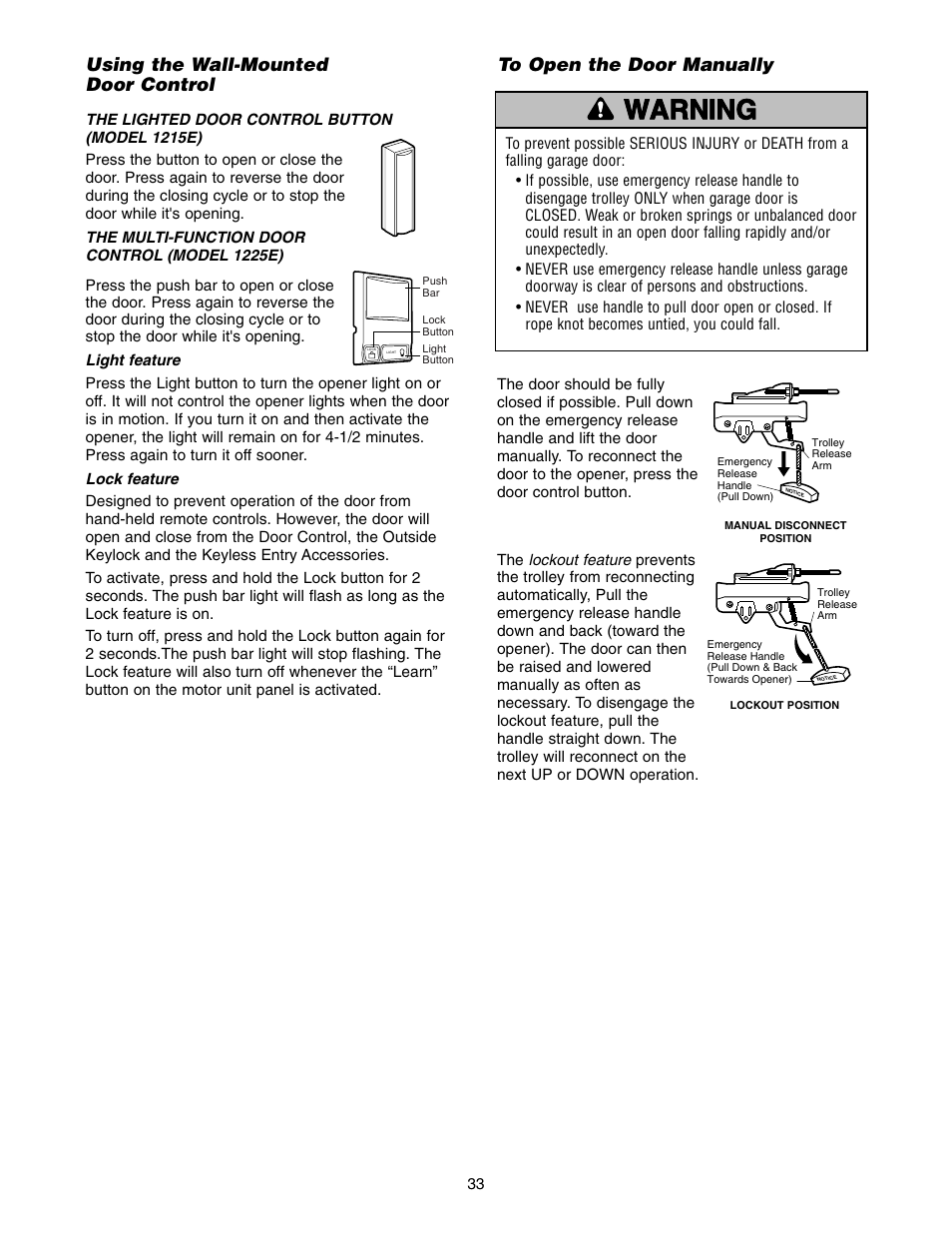 Using the wall-mounted door control, Warning caution warning warning | Chamberlain 1215E FS2 User Manual | Page 33 / 80