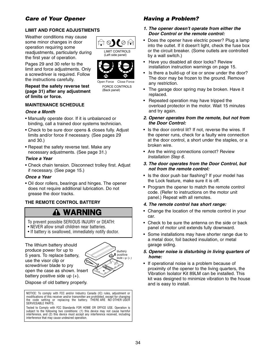 Care of your opener, Warning caution warning warning, Having a problem | Chamberlain 1215E FS2 User Manual | Page 34 / 80