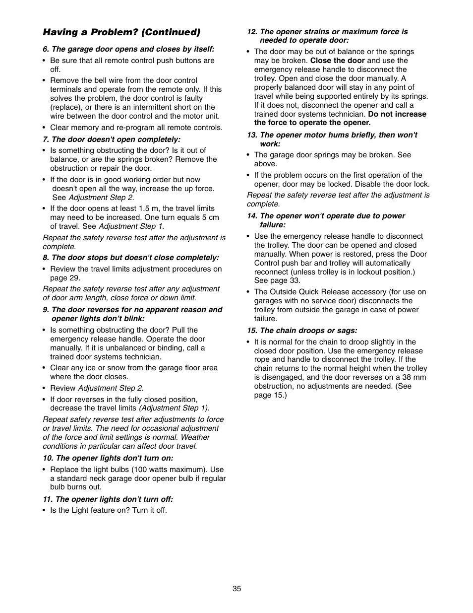 Having a problem? (continued) | Chamberlain 1215E FS2 User Manual | Page 35 / 80