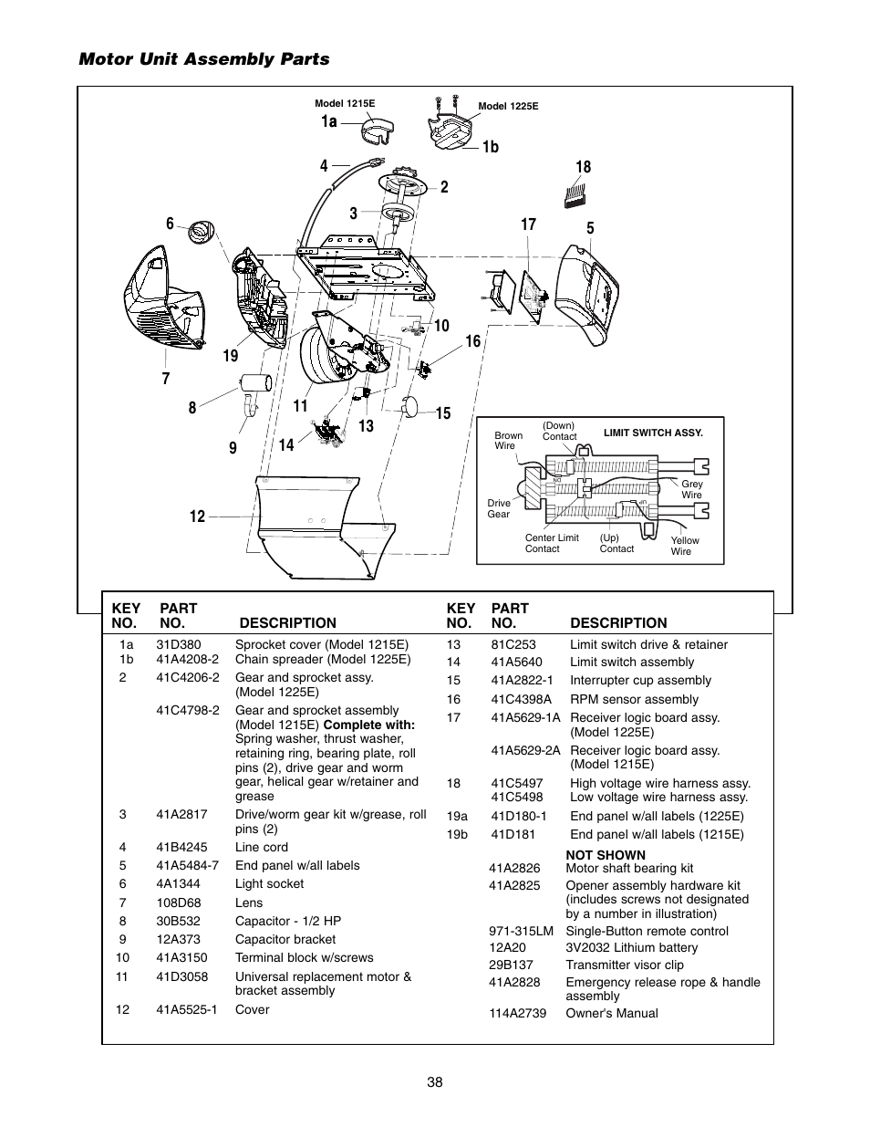 Motor unit assembly parts | Chamberlain 1215E FS2 User Manual | Page 38 / 80