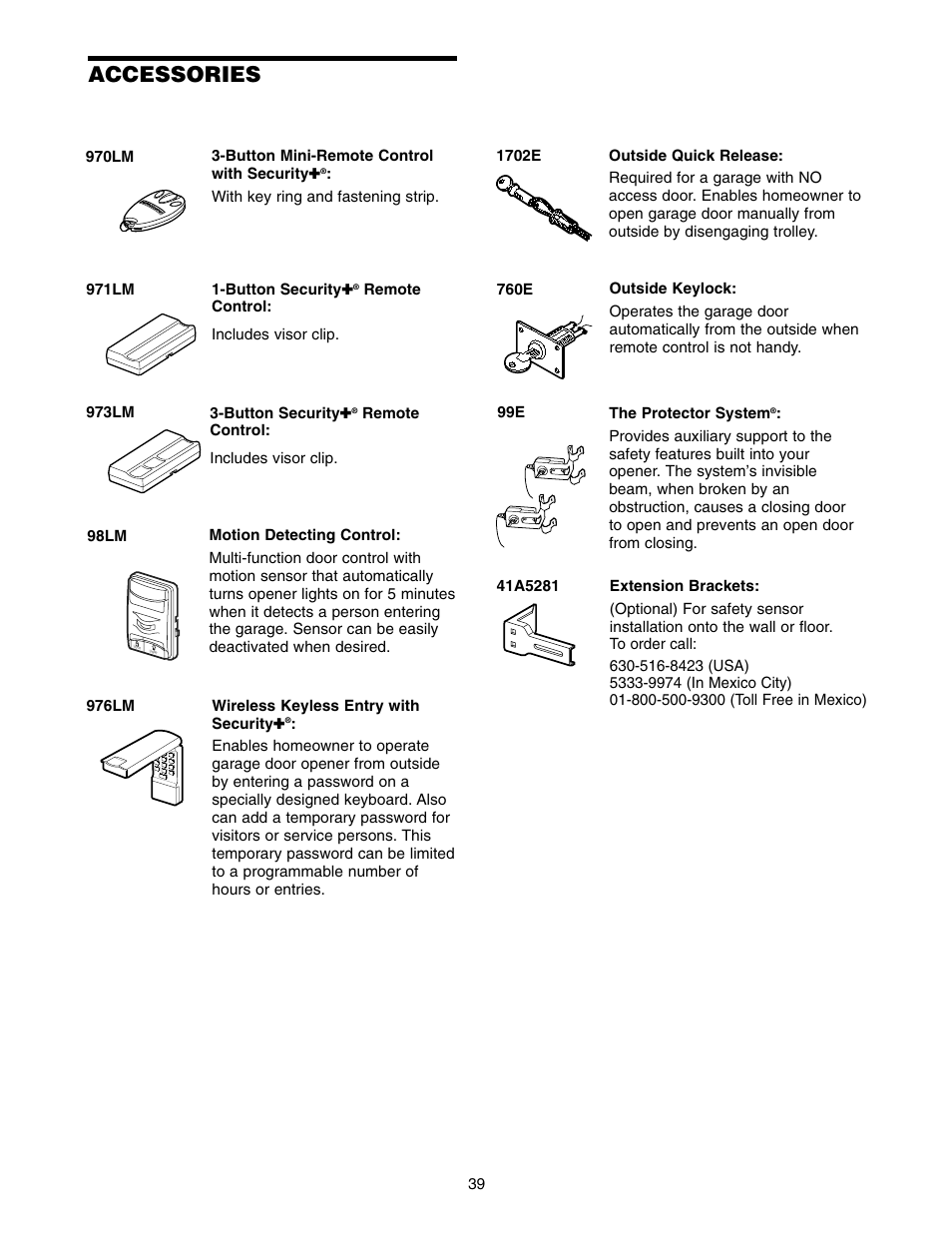 Accessories | Chamberlain 1215E FS2 User Manual | Page 39 / 80