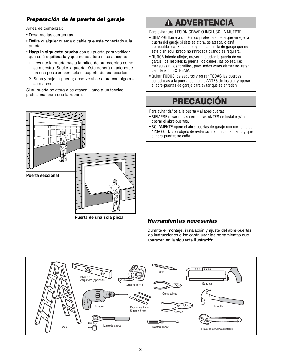 Preparación de la puerta del garaje, Herramientas necesarias | Chamberlain 1215E FS2 User Manual | Page 43 / 80