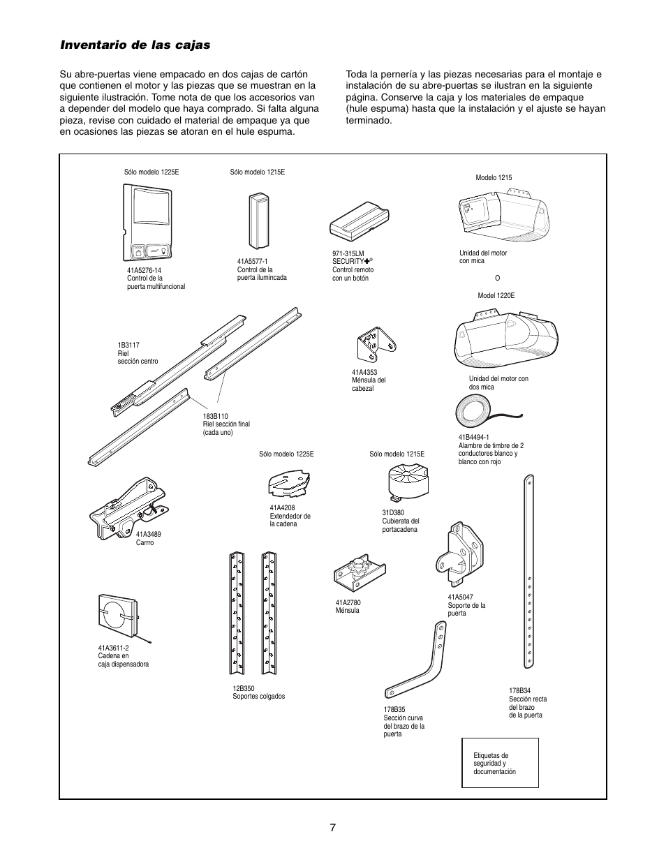 Inventario de las cajas | Chamberlain 1215E FS2 User Manual | Page 47 / 80