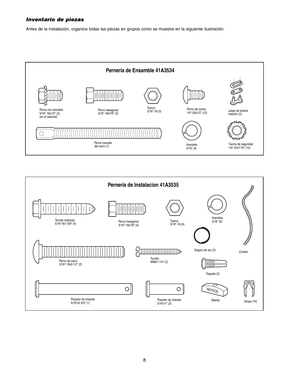 Inventario de piezas | Chamberlain 1215E FS2 User Manual | Page 48 / 80