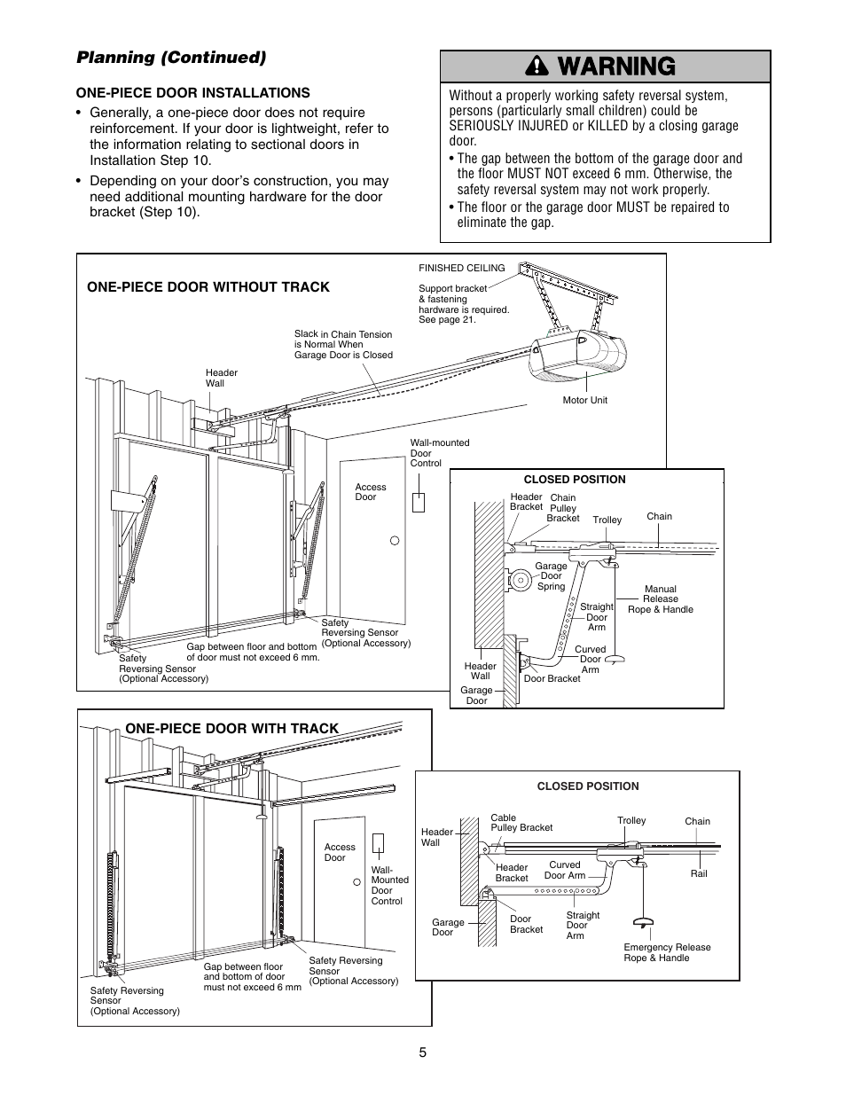 Planning (continued), Warning caution warning warning | Chamberlain 1215E FS2 User Manual | Page 5 / 80