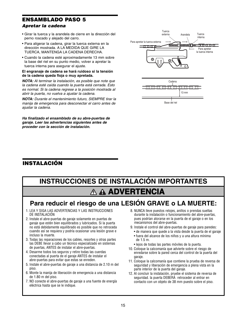 Ensamblado paso 5 apretar la cadena, Instalación, Advertencia | Instrucciones de instalación importantes, Ensamblado paso 5 | Chamberlain 1215E FS2 User Manual | Page 55 / 80