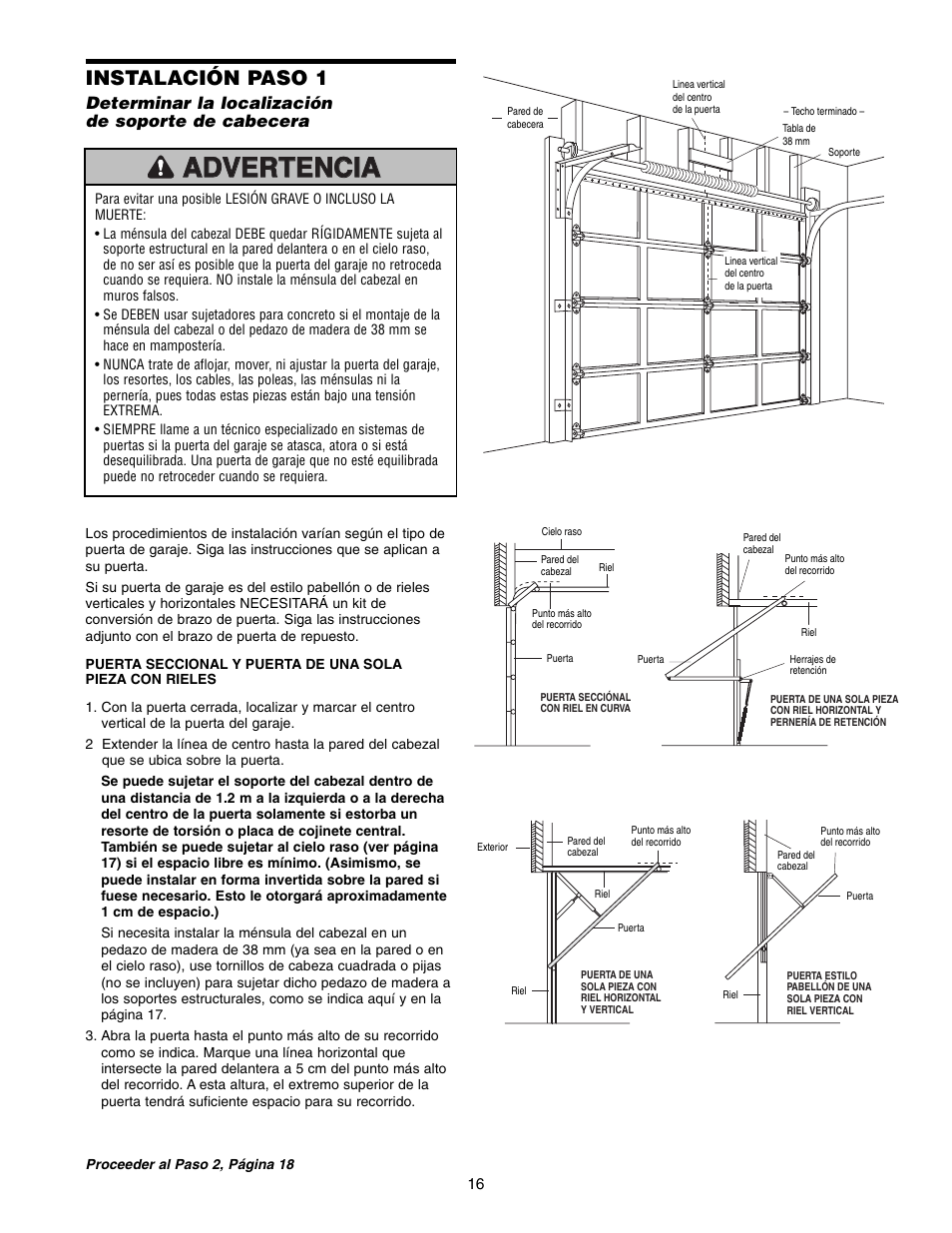 Instalación paso 1, Determinar la localización de soporte de cabecera | Chamberlain 1215E FS2 User Manual | Page 56 / 80