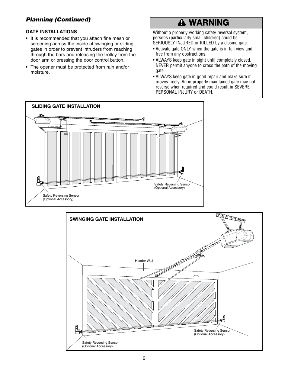 Planning (continued), Warning caution warning warning | Chamberlain 1215E FS2 User Manual | Page 6 / 80