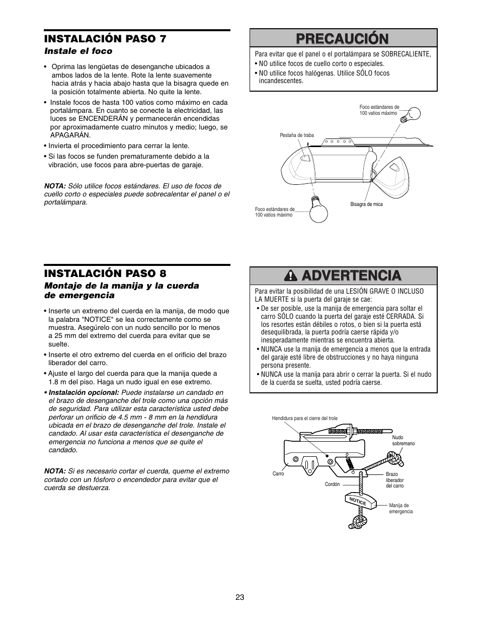 Instalación paso 7 instale el foco, Instalación paso 7, Instalación paso 8 | Chamberlain 1215E FS2 User Manual | Page 63 / 80