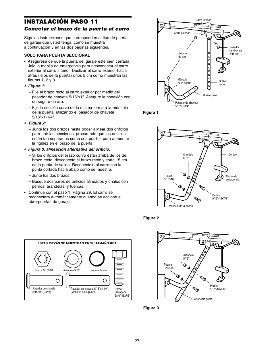 Instalación paso 11, Conectar el brazo de la puerta al carro | Chamberlain 1215E FS2 User Manual | Page 67 / 80